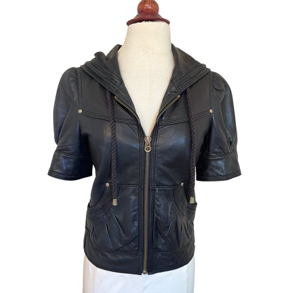 Vintage Juicy Couture 100% Genuine Leather Jacket Short Puff Sleeve Hoodie Small